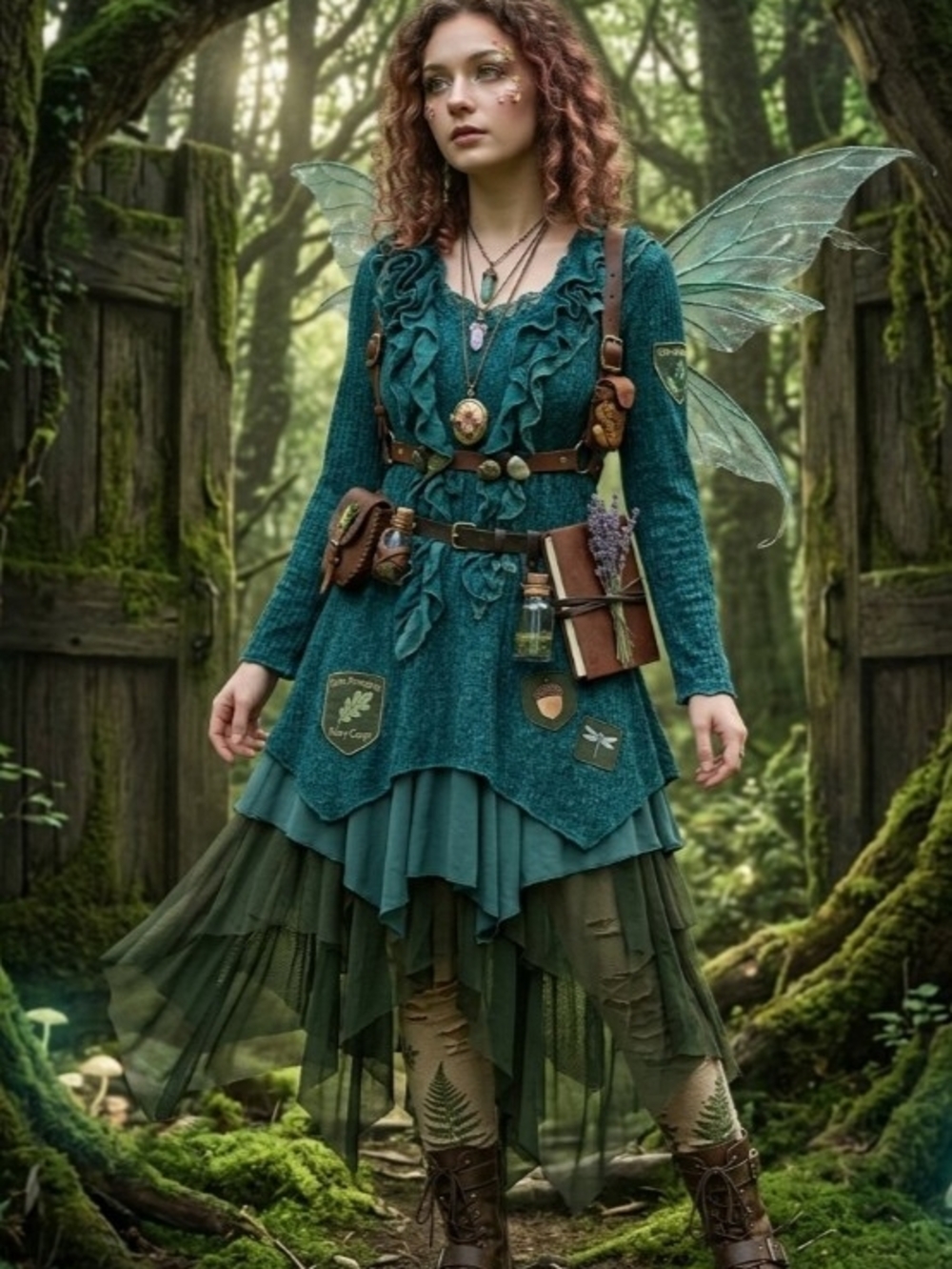Teal Layered Fairy Dress with Leaf Appliqué FairyCore (Teal Dress) See Pictures